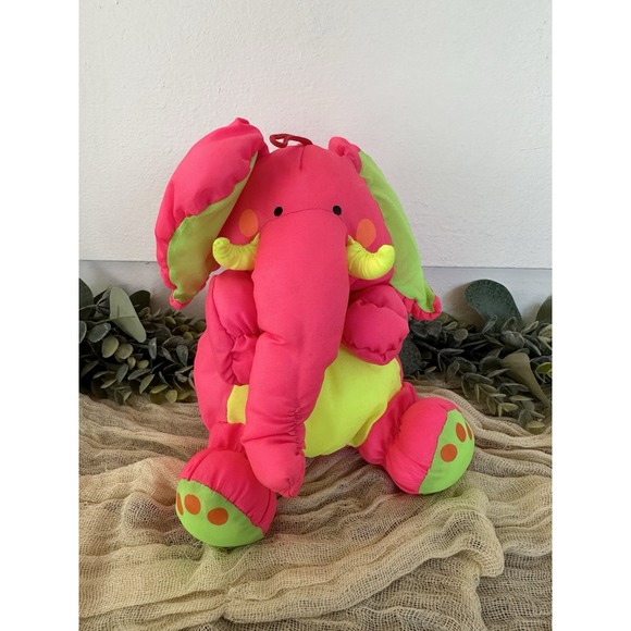 VINTAGE 1990 Stuffins Elephant Neon Pink + Yellow Nylon Stuffed Animal Plush Toy - Picture 1 of 8